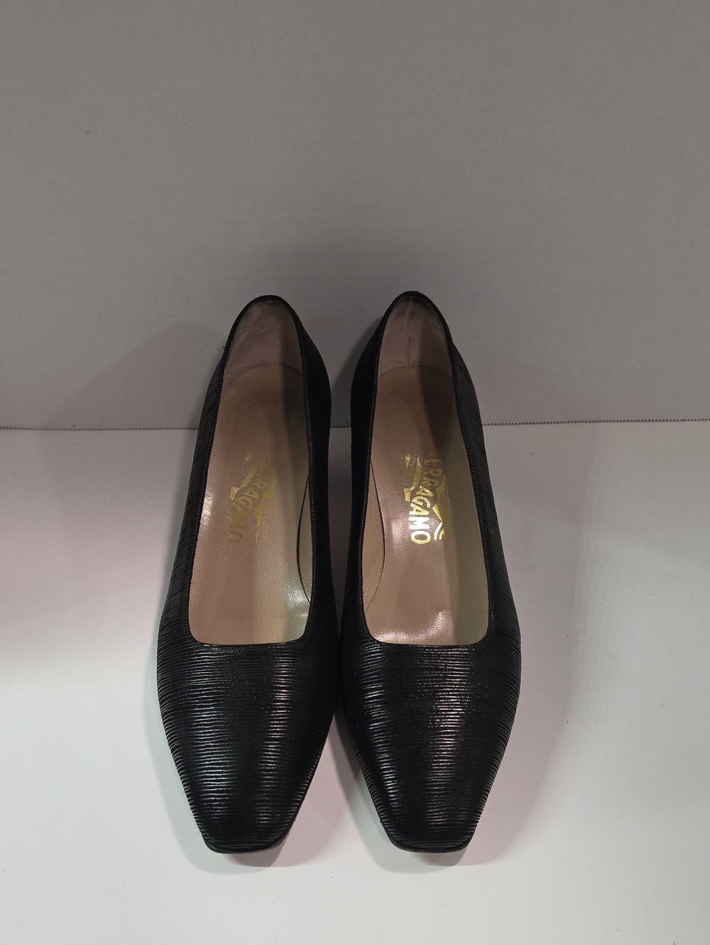 Salvatore Ferragamo Black Textured Leather Square-Toe Pumps